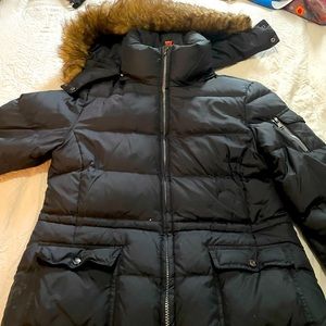 Black winter jacket , with hood , hip length ,